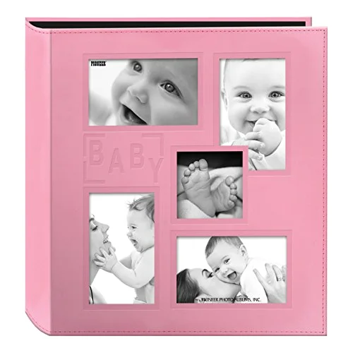 Collage Frame Embossed "Baby" Sewn Leatherette Cover Photo Album, 4x6, 240 Photos, Baby, Baby Pink