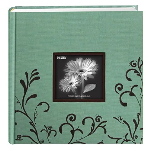 Embroidered Scroll Fabric Frame Cover Photo Album, Brown on Aqua