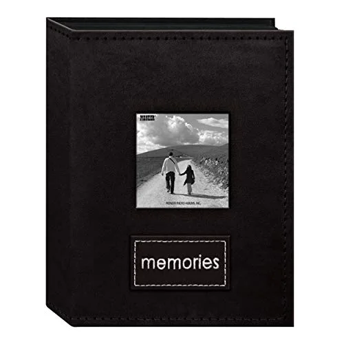 208-Pocket Sewn Black Faux Suede Frame Cover Album with Embroidered Patch Trim for 4x6 Prints