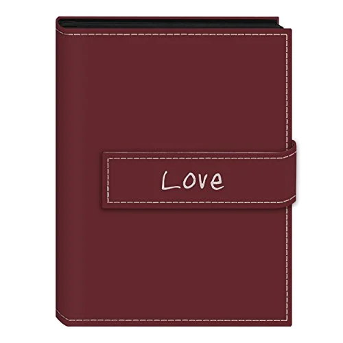 Embroidered Strap Sewn Leatherette Mini Album, 36 pockets, 5x7, Burgundy