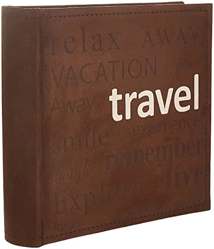 Travel Text Design Sewn Faux Suede Cover Photo Album, Brown