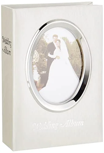 100-Pocket Moire Cover Album with Silvertone Oval Frame and Wedding Album Text for 4x6 Prints, Ivory