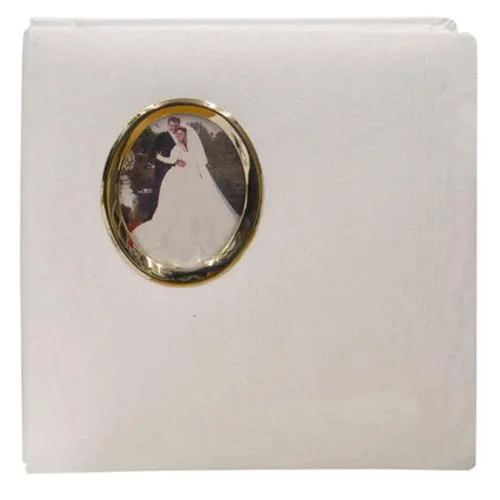 Oval Framed Wedding Photo Album, Moire Fabric Cover with Gold Photo Frame, holds 100 5x7 And 4 8x10 Photos
