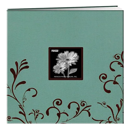 Post-Bound Fabric Frame Memory Book, 12x12, Aqua with Brown, 20 prints