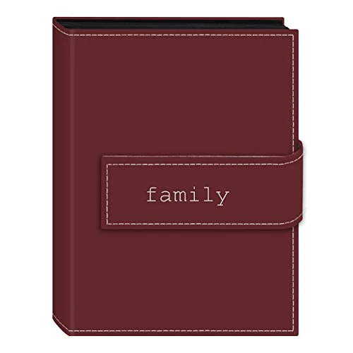 208-Pocket Sewn Leatherette Cover Album with Embroidery Trim Strap Closure for 4x6 Prints, Burgundy