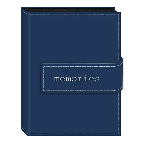 208-Pocket Sewn Leatherette Cover Album with Embroidery Trim Strap Closure for 4x6 Prints, Blue