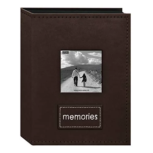 208-Pocket Sewn Dark Brown Faux Suede Frame Cover Album with Embroidered Patch Trim for 4x6 Prints